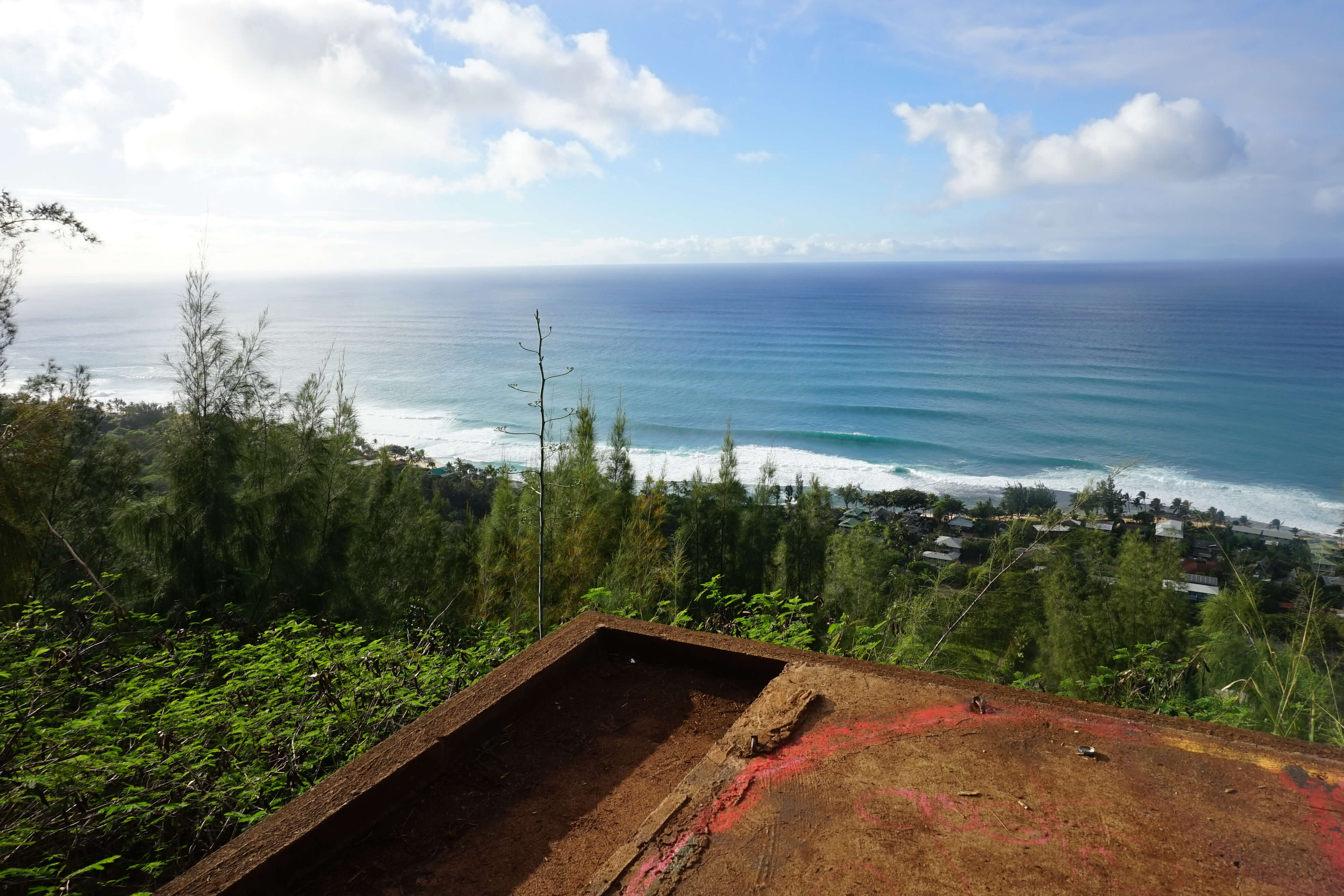 a view of Ehukai Beach Park from the Ehukai Pillbox