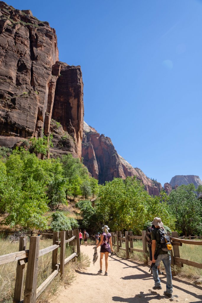 hikers walking down the Riverwalk trail at Zion National Park