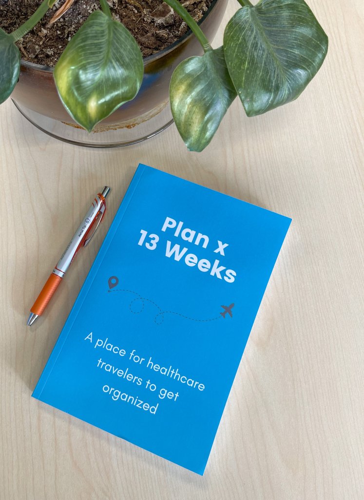 a blue planner sitting on a desk that says "plan x 13 weeks, a place for healthcare travelers to get organized"