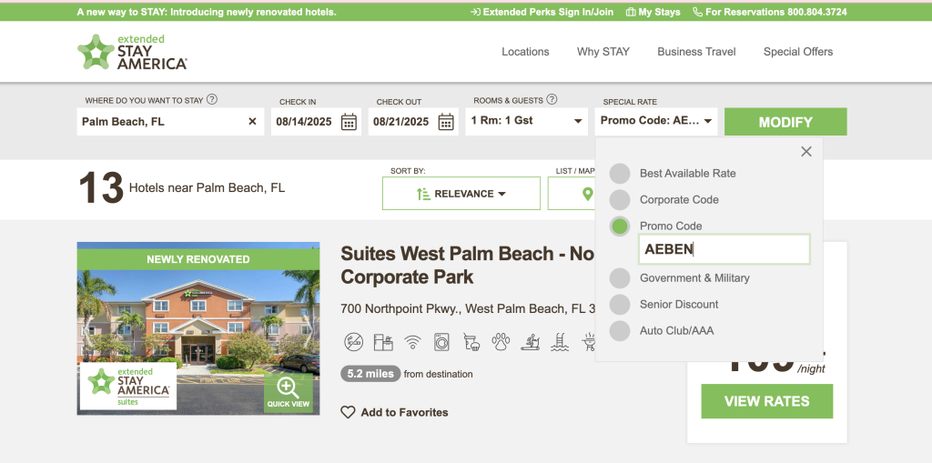 a screen of the Extended Stay America website showing how to enter Promo Code AEBEN under the special rate tab
