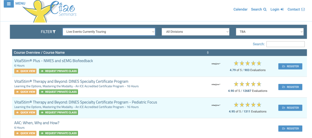 website of Ciao Seminars listing their live SLP CEU course offerings