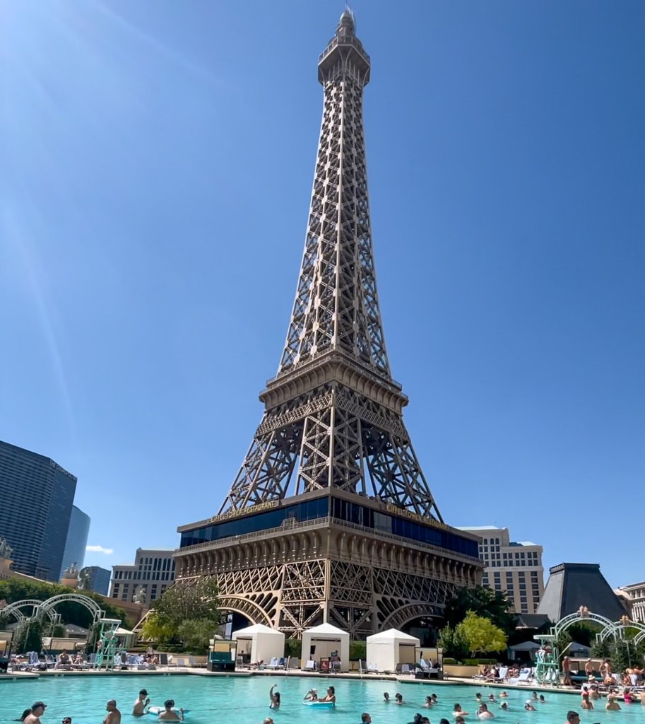 view of the Eiffel tower at the Paris pool in Las Vegas