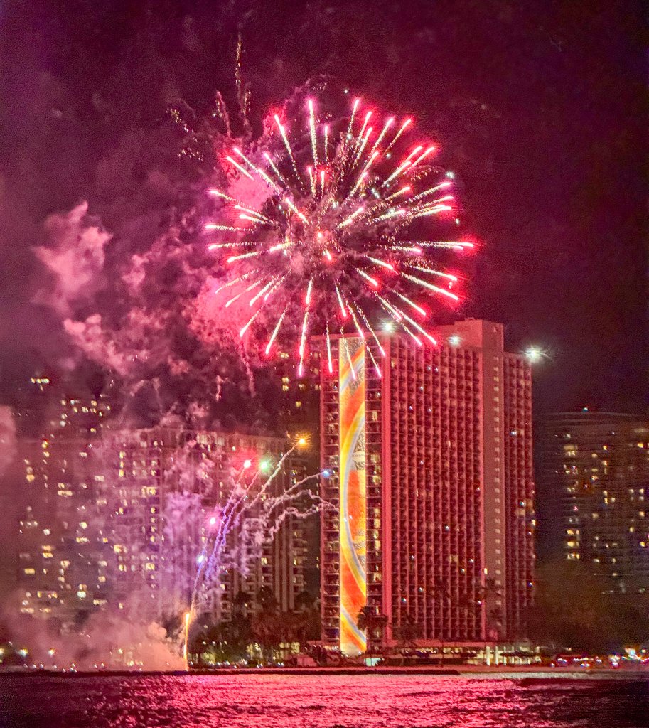 fireworks over a hotel