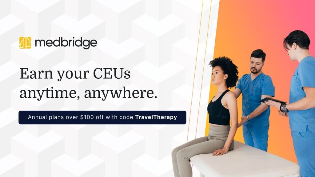 a picture of therapists working with a patient and the words "earn your CEUs anytime, anywhere"