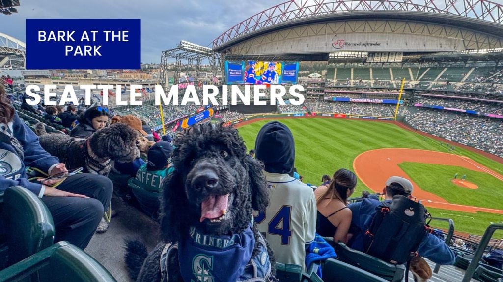 a dog at a baseball game with the words "bark at the park seattle mariners" written in the sky