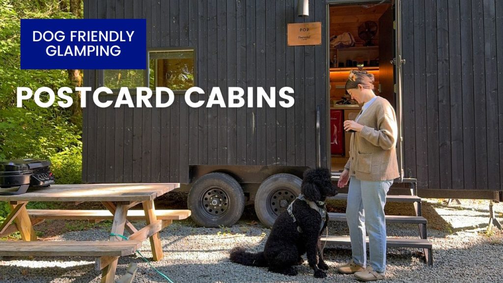 a woman and a dog in front of a postcard cabin